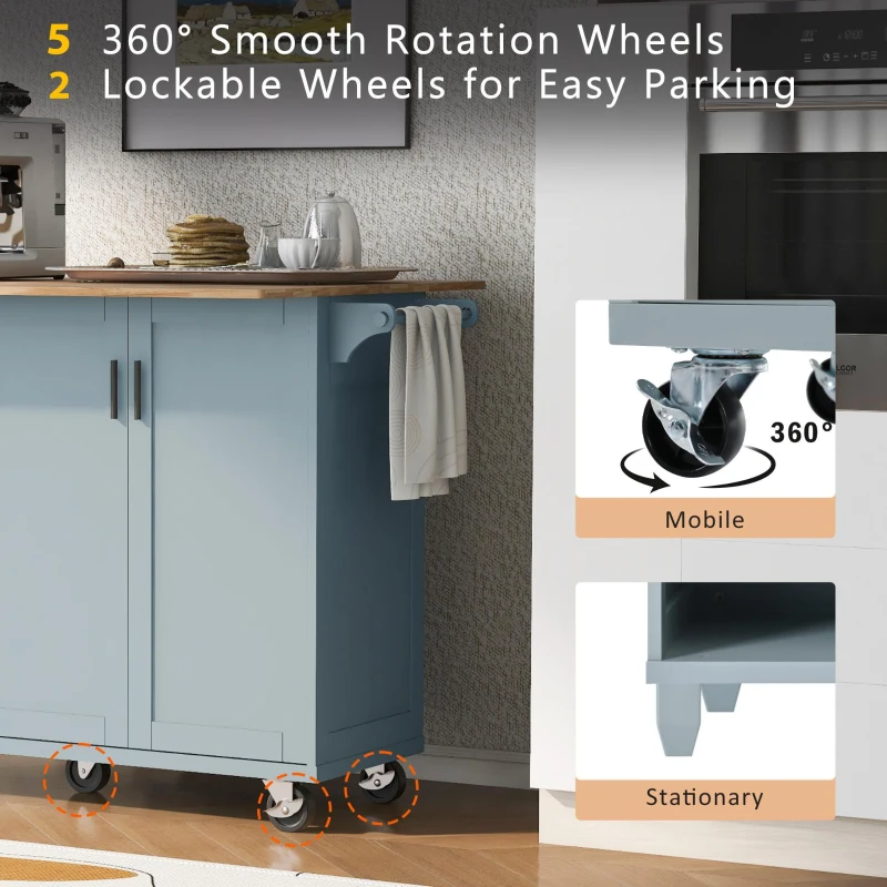 Kitchen Island Cart with Foldable Countertop, Adjustable Shelves, Towel Rack, Drawer, and Lockable Wheels, 49" L x 33.2" W x 37.5" H, Gray+Blue