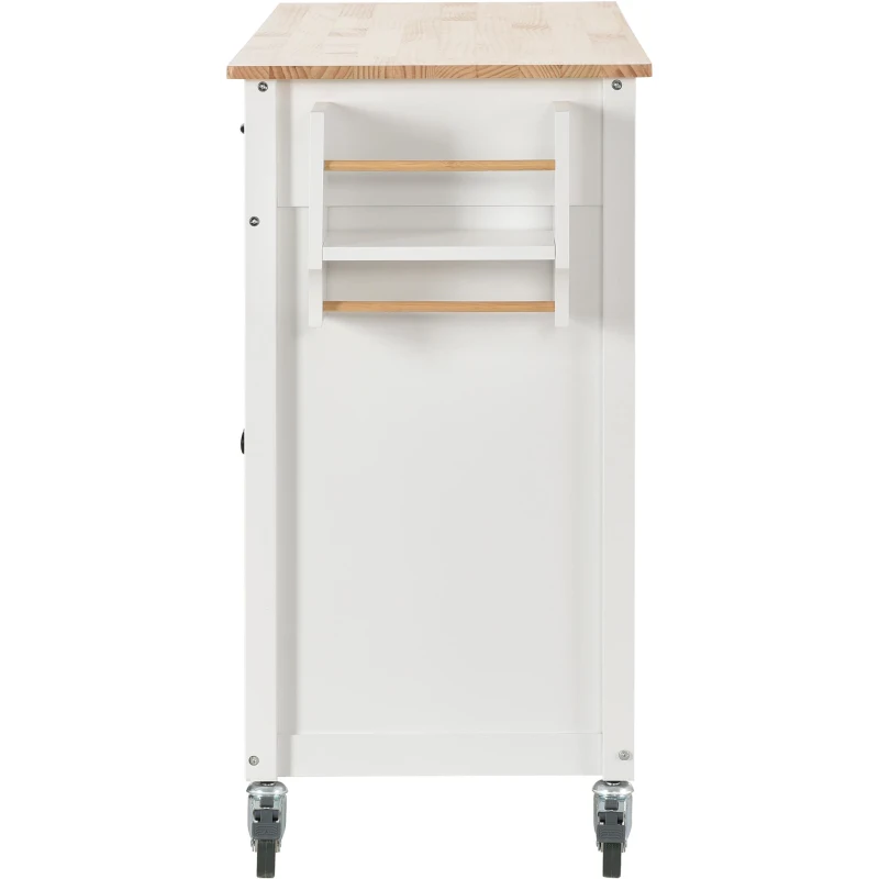 Kitchen Island Cart with 4-Door Cabinet, 2 Drawers, Solid Wood Top, Spice and Towel Racks, Locking Wheels, 54.5" L x 18.5" W x 36" H, White