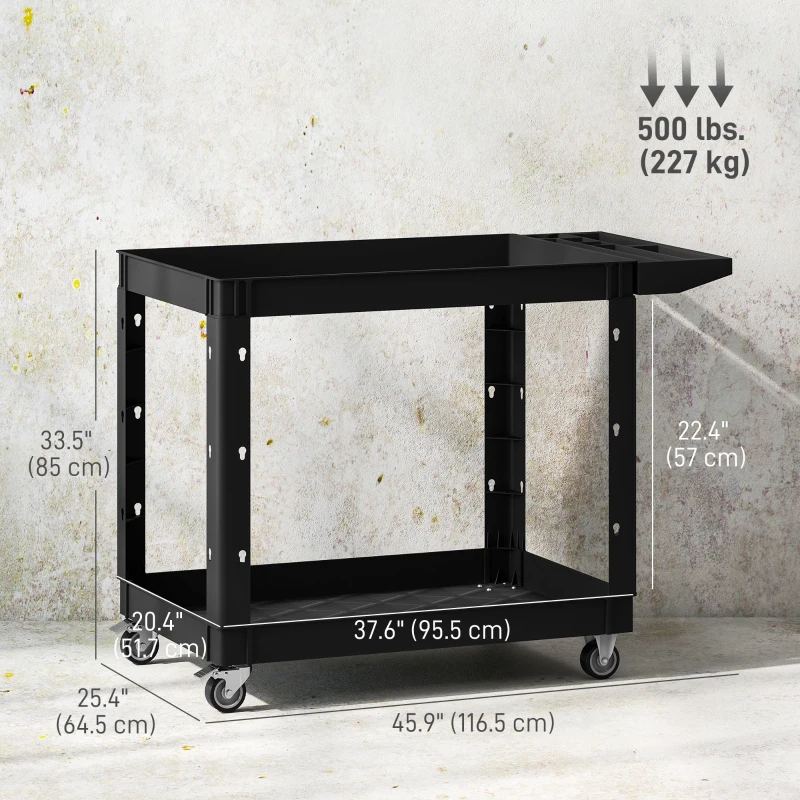 HOMCOM 2-Tier Rolling Tool Cart with Wheels, 500 LBS Capacity Plastic Utility Cart with Handle for Garage, Warehouse, Black