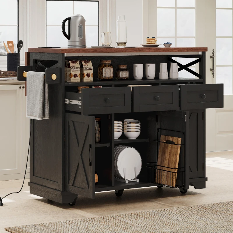 Farmhouse Kitchen Island Cart with Beaded Drape, Power Outlet, Drop Leaf, Adjustable Shelves, Perfect for Kitchen and Dining Room, Black