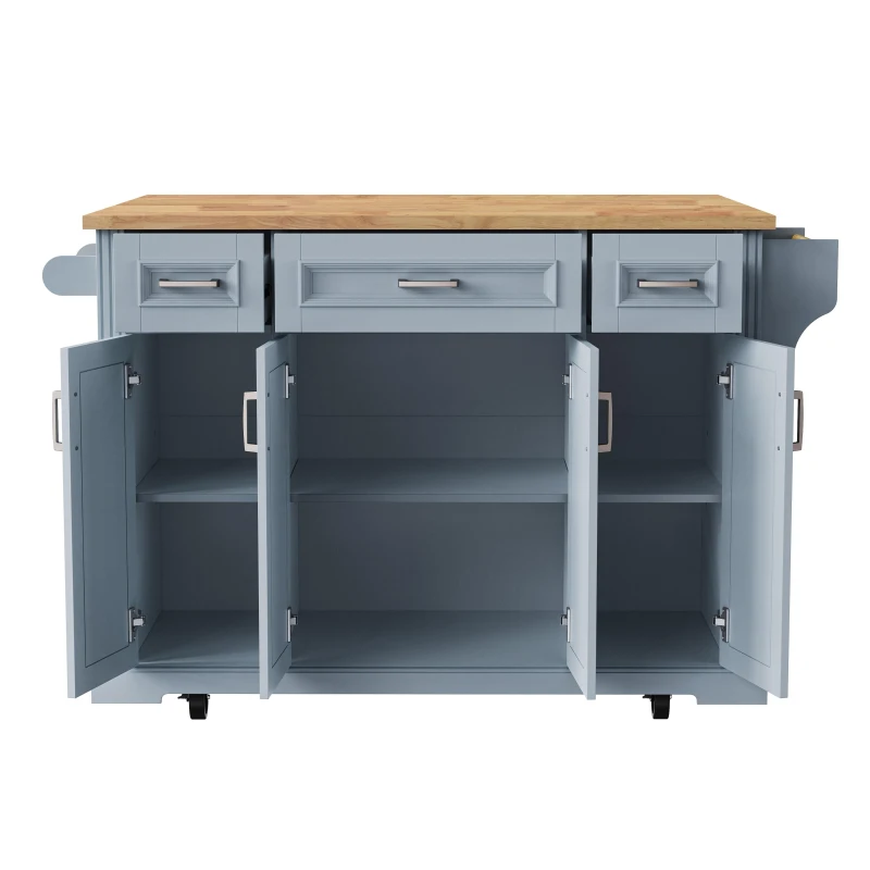 Kitchen Island Cart with Rubber Wood Drop Leaf, Embossed Texture, Adjustable Shelves, Hidden Wheels, 3 Drawers, 54" L x 29.5" W x 36" H, Grey+Blue