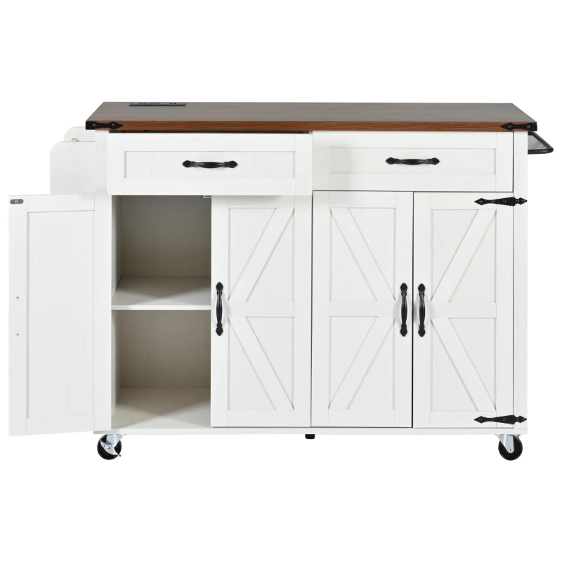 Farmhouse Kitchen Island with Drop Leaf, Power Outlet, Spice Rack and Drawer, Rolling Cart on Wheels, 53.5" L x 29" W x 36.5" H, White