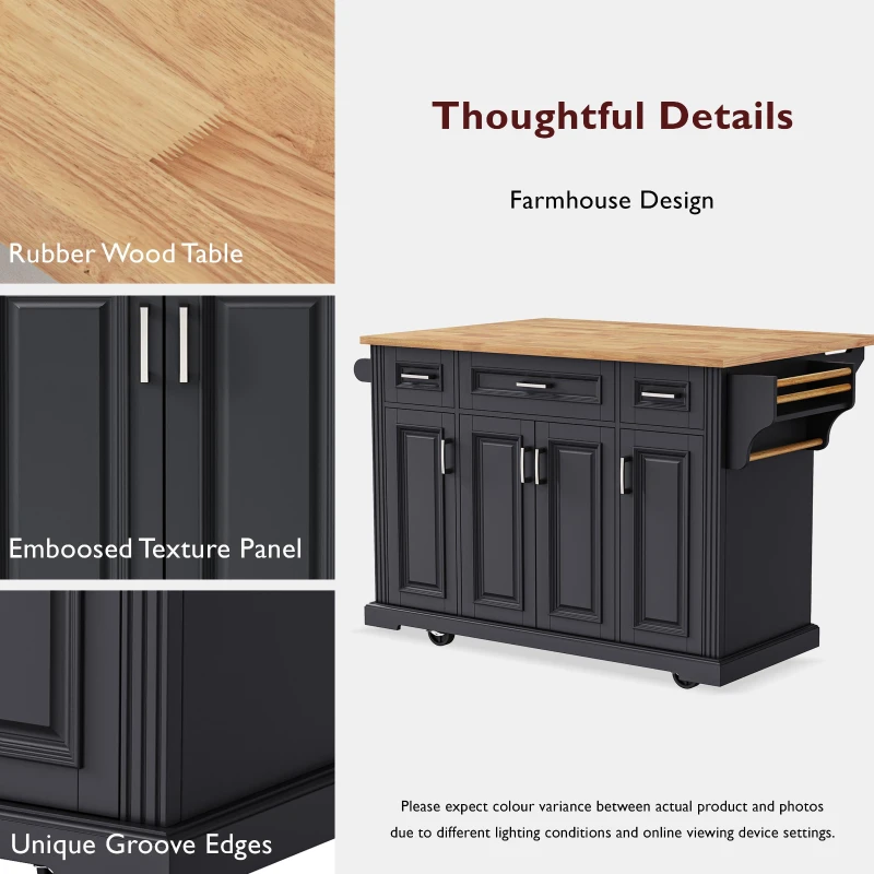 Kitchen Island Cart with Rubber Wood Drop Leaf, Embossed Texture, Rolling Cart with 4 Doors, 3 Drawers, Adjustable Shelves, Black