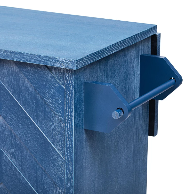 Farmhouse Kitchen Island with Drop Leaf, Rolling Cart on Wheels, 3D Wave Stripes Ash Veneer, Internal Rack, Adjustable Shelves, Navy Blue