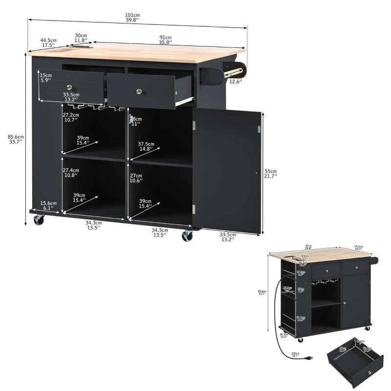 Kitchen Cart with Power Outlet, Drop Leaf, Wine Rack, Adjustable Shelves, Central Island with Lockable Wheels, 40" L x 29.5" W x 34" H, Black