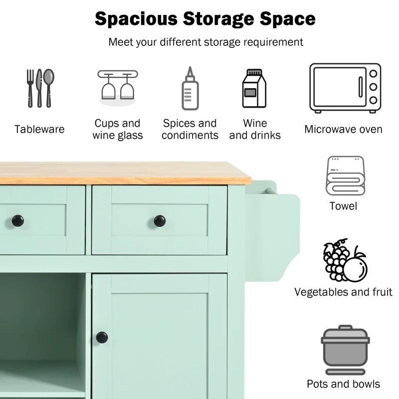 Kitchen Island Cart with 3 Drawers, 5 Wheels, Rubber Wood Drop-Leaf Countertop, Storage Cabinet, 53" L x 29.5" W x 37" H, Mint Green