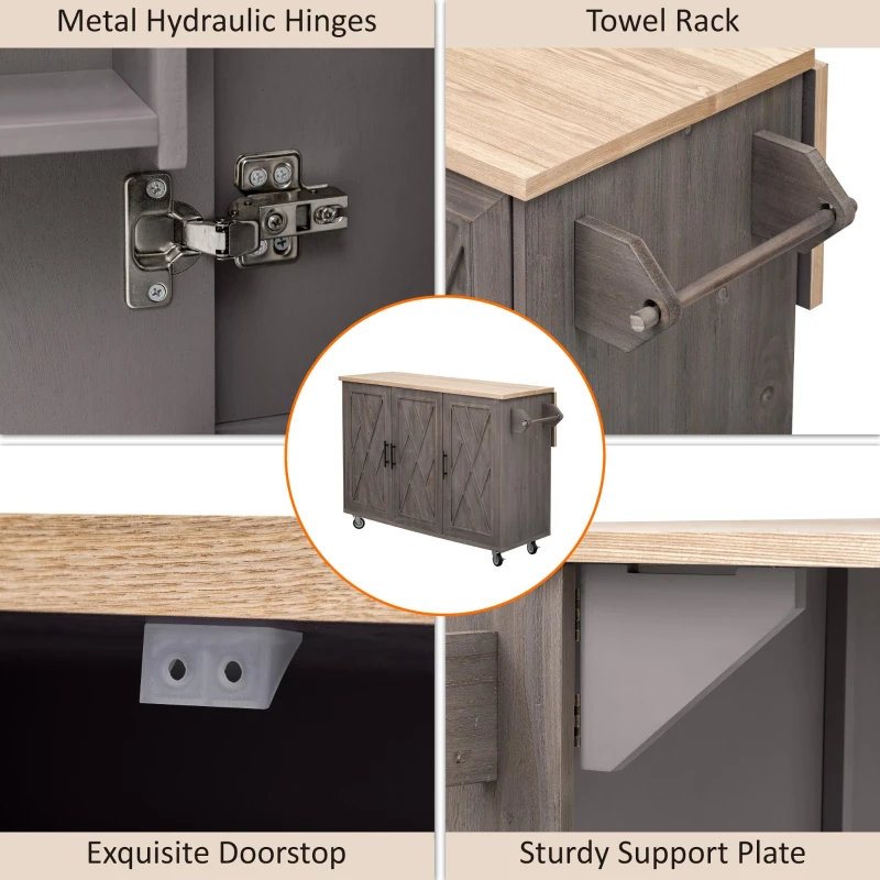 Kitchen Island with Drop Leaf, Rolling Cart on Wheels, Adjustable Shelves, Internal Storage Rack, Towel Rack, 51" L x 29.5" W x 36" H, Brown