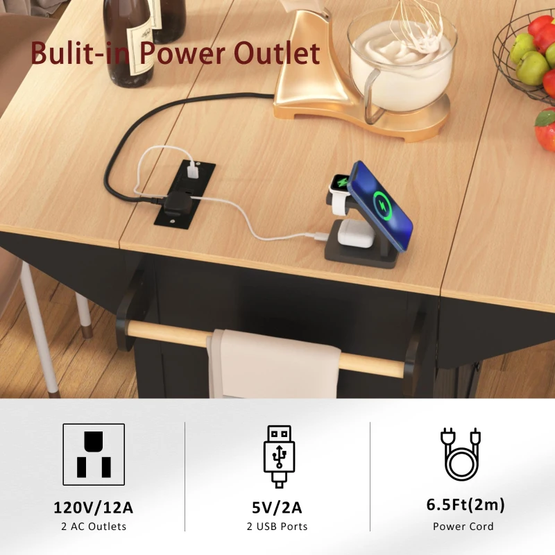 Kitchen Island with Dual Drop Leaf, 3 Drawers, 5 Wheels, Power Outlet, Adjustable Shelves, Spice and Towel Rack, 56" L x 34" W x 36.5" H, Black