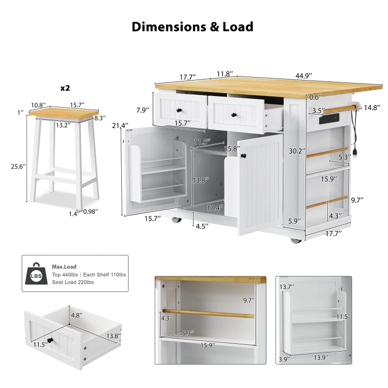 Kitchen Island with 2 Bar Stools, Power Outlet, Internal Rack, 5 Wheels, Drop Leaf, 2 Drawers, Adjustable Shelves, 48" L x 29.5" W x 37" H, White