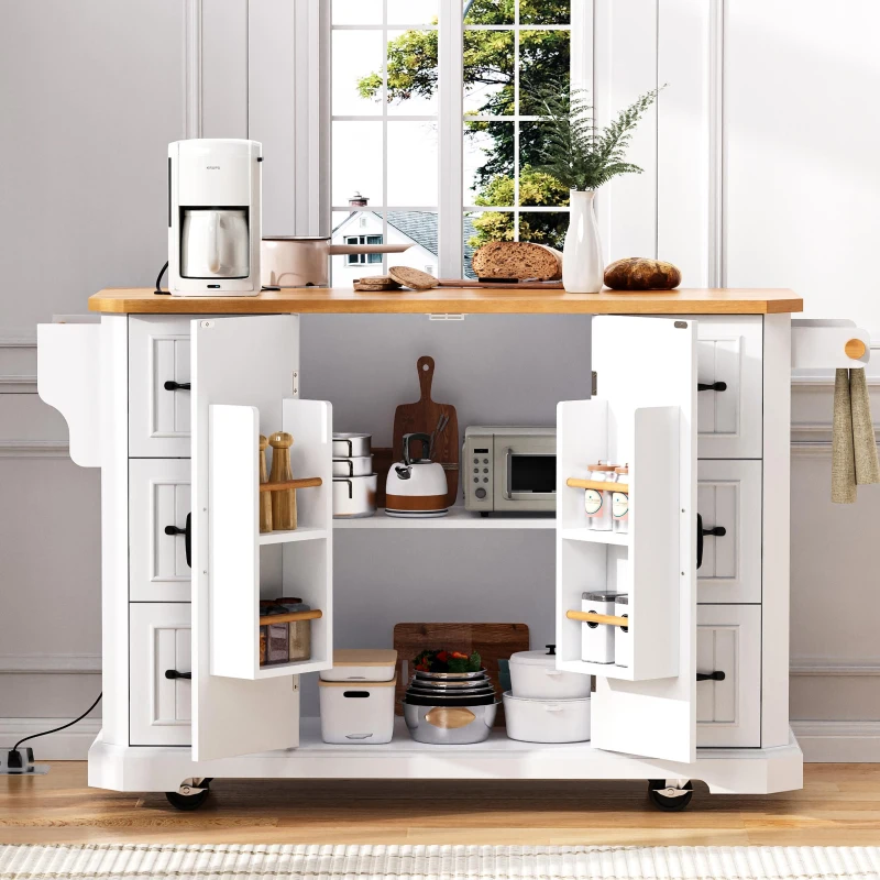 Kitchen Island with Power Outlet and Drop Leaf, 4 Door Shelves, Rolling Cart with Adjustable Shelves, Hidden Wheels, 55.5" L x 30" W x 36" H, White
