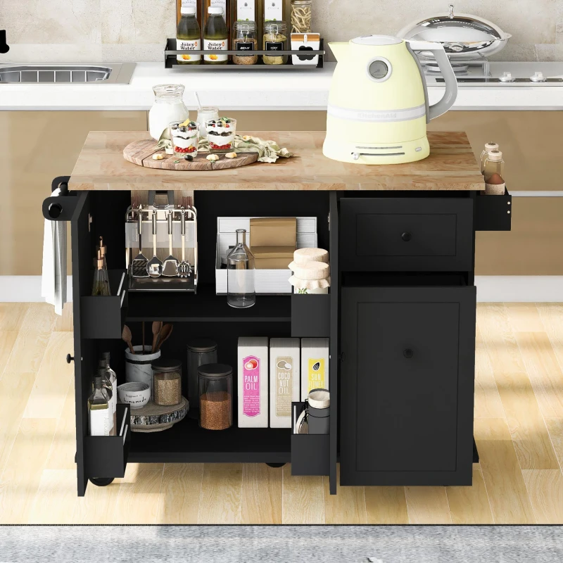 Kitchen Island with 3-Tier Pull-Out Cabinet Organizer, Wood Drop Leaf, Storage Racks, Rolling Cart on Wheels, 54" L x 29" W x 37" H, Black