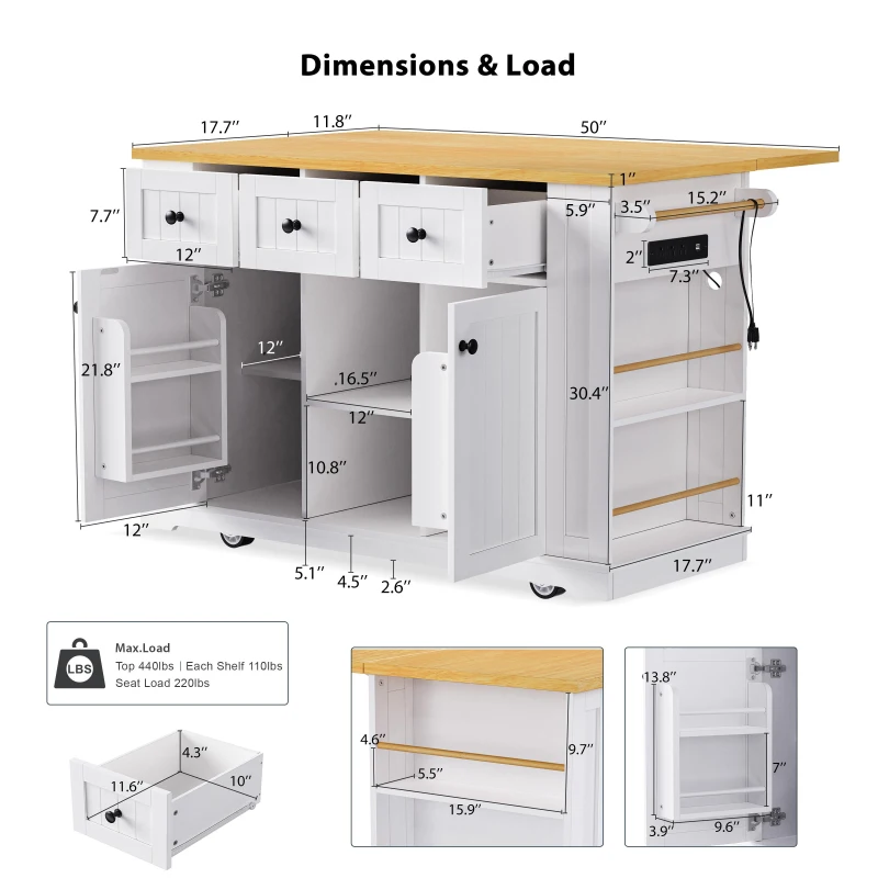 Kitchen Island with Internal Racks, Drop Leaf, Power Outlet, Rolling Cart on 5 Wheels with Adjustable Shelves, 50" L x 29.5" W x 36.5" H, White