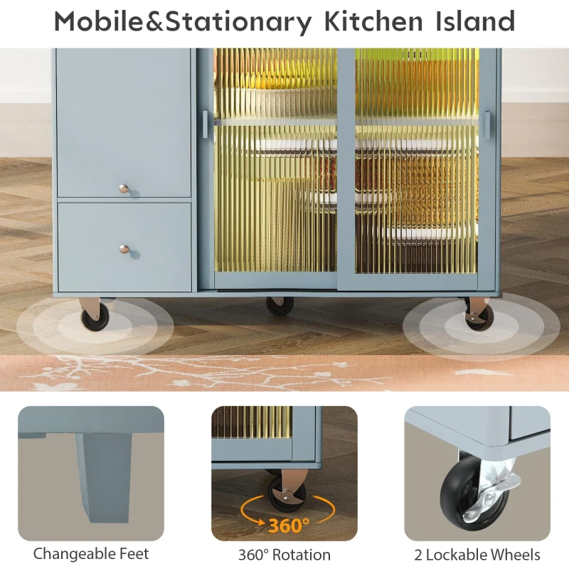 Kitchen Island with Wood Drop Leaf, LED Light, Fluted Glass Doors, Adjustable Shelf, Utility Cart with Rolling Wheels, 44" L x 27" W x 37" H, Blue