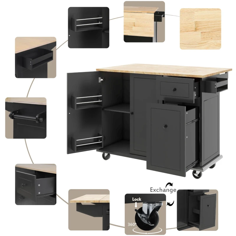 Kitchen Island with 3-Tier Pull-Out Cabinet Organizer, Wood Drop Leaf, Storage Racks, Rolling Cart on Wheels, 54" L x 29" W x 37" H, Black