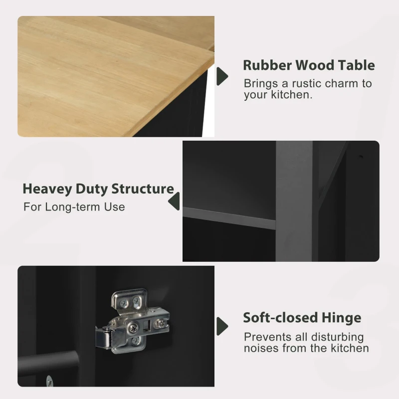 Kitchen Island with Extendable Dining Table, Rubber Wood Veneer, Internal Rack, Power Outlet, Drawers and Cabinets, 47" L x 33.5" W x 37" H, Black