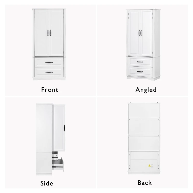 Farmhouse Kitchen Pantry Cabinet with Embossed Texture, 2 Drawers, 8 Door Shelves, Adjustable Shelves, Anti-Tip Kit, 30.5" L x 16" W x 71" H, White