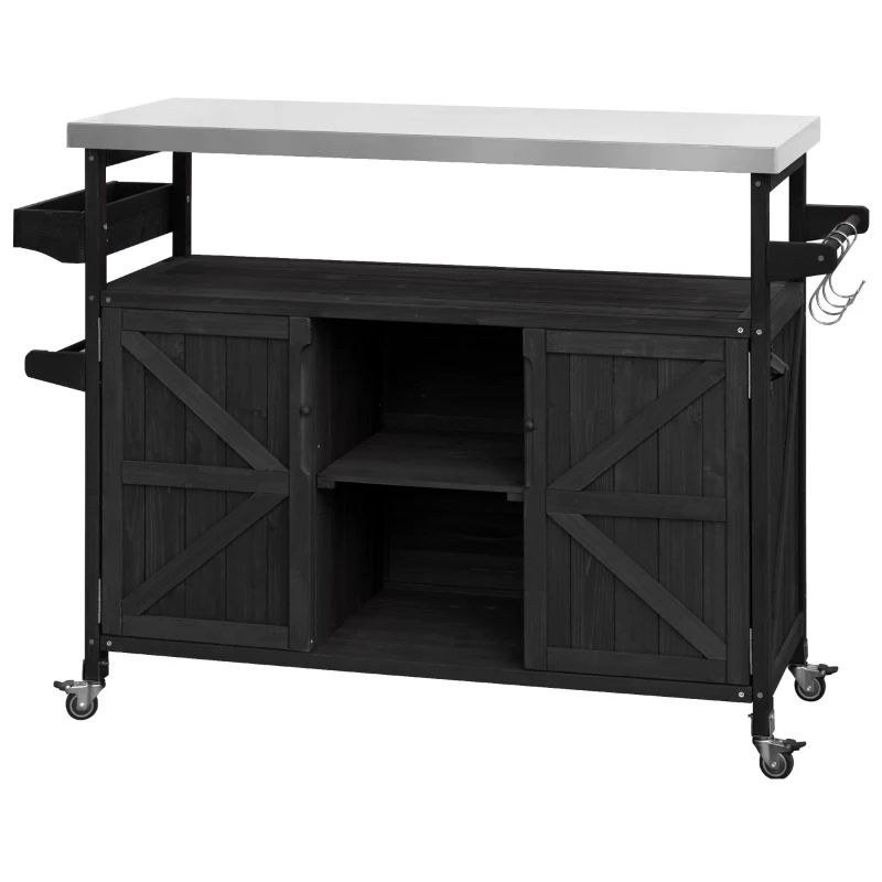 Outdoor Kitchen Island Cart, Rolling Bar Cart with Stainless Steel Top, Spice Rack, Towel Rack, Lockable Wheels, 50" L x 18.5" W x 36.5" H, Black