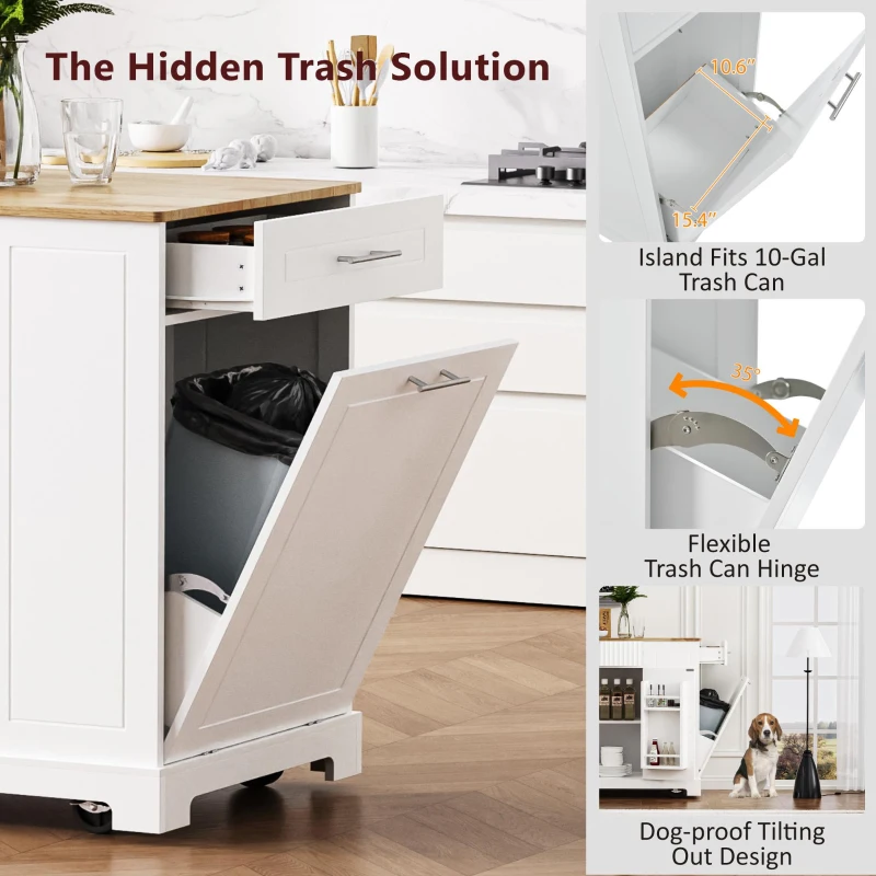 Fluted Kitchen Island with Trash Can Storage, Power Outlet, Internal Rack, Rolling Cart on 5 Wheels with 3 Drawers, 3 Open Side Racks, White