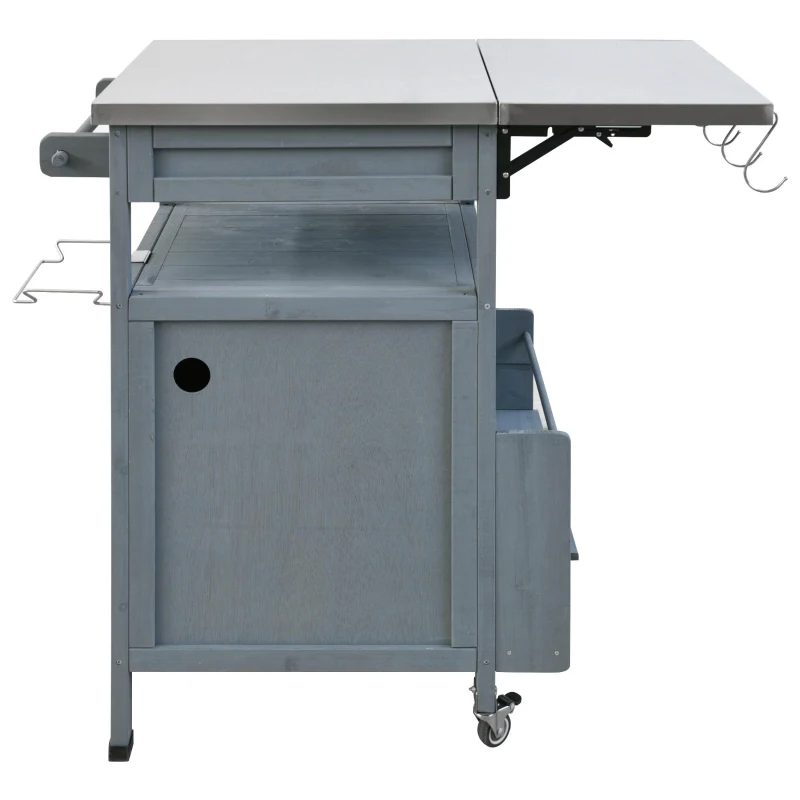 Outdoor Grill Cart with Stainless Steel Top, Storage Cabinet, Drop Leaf, Drawer, Towel Rack, Lockable Wheels, 40.5" L x 21" W x 36.3" H, Blue+Grey