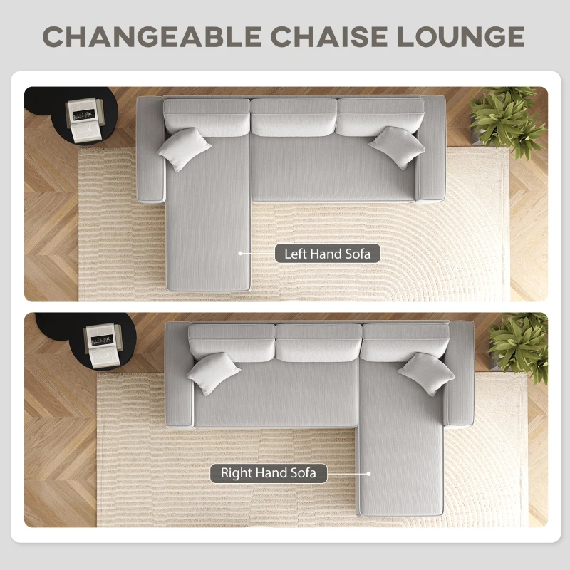 HOMCOM Corner Sofa with Reversible Chaise Lounge, Corduroy L-Shaped Sectional Sofa with Pocket Spring, Light Gray(m-4)