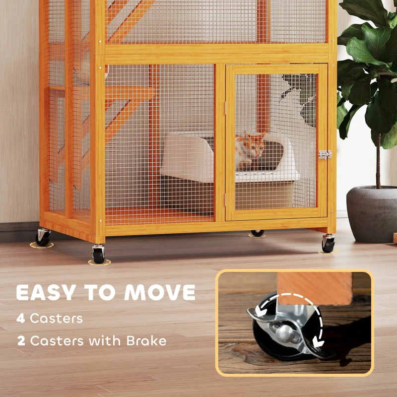 PawHut 74" Wooden Outdoor Cat House Catio Outdoor Cat Enclosure, Orange