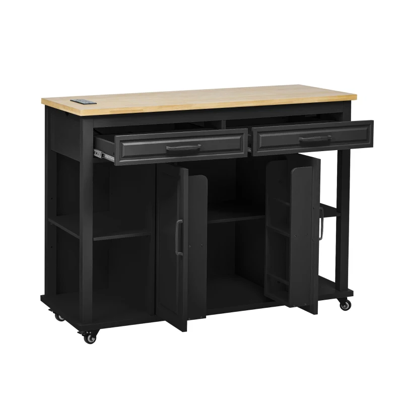 Kitchen Island with Extendable Dining Table, Rubber Wood Veneer, Internal Rack, Power Outlet, Drawers and Cabinets, 47" L x 33.5" W x 37" H, Black