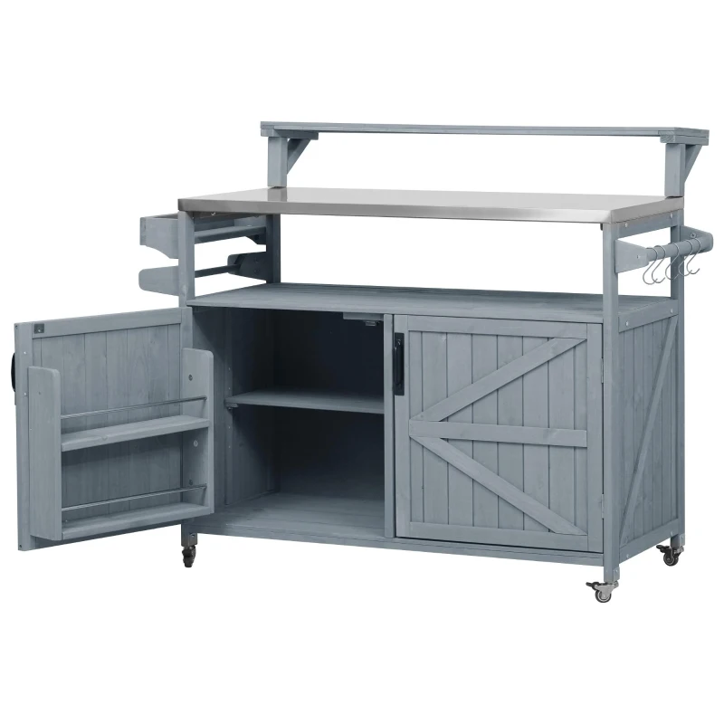 Outdoor Kitchen Island with Raised Shelf, Storage Cabinet, Stainless Steel Top, Rolling Grill Cart with Adjustable Shelves, Spice Rack, Grey+Blue