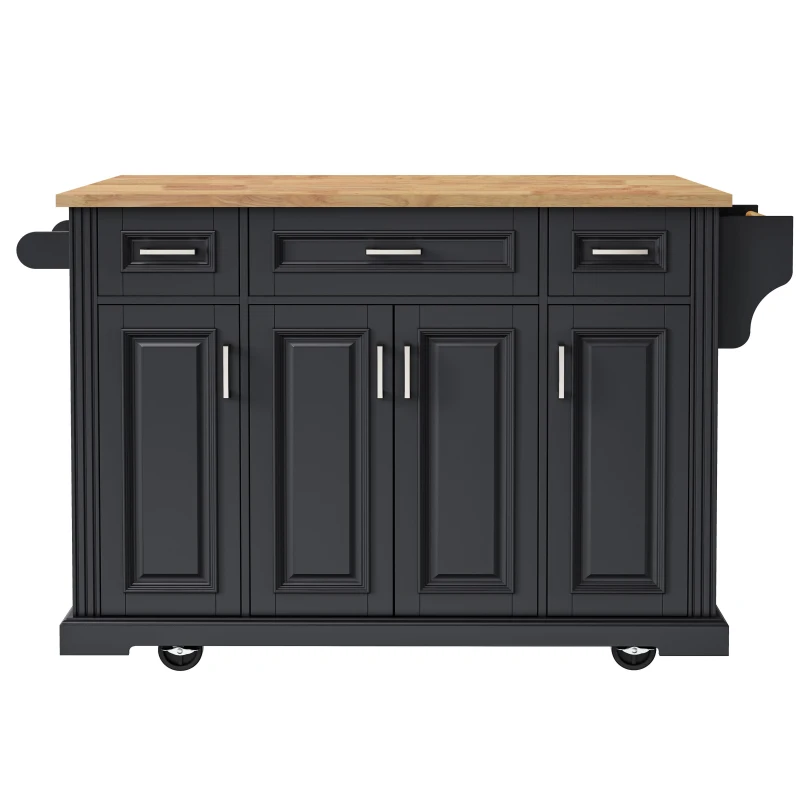 Kitchen Island Cart with Rubber Wood Drop Leaf, Embossed Texture, Rolling Cart with 4 Doors, 3 Drawers, Adjustable Shelves, Black