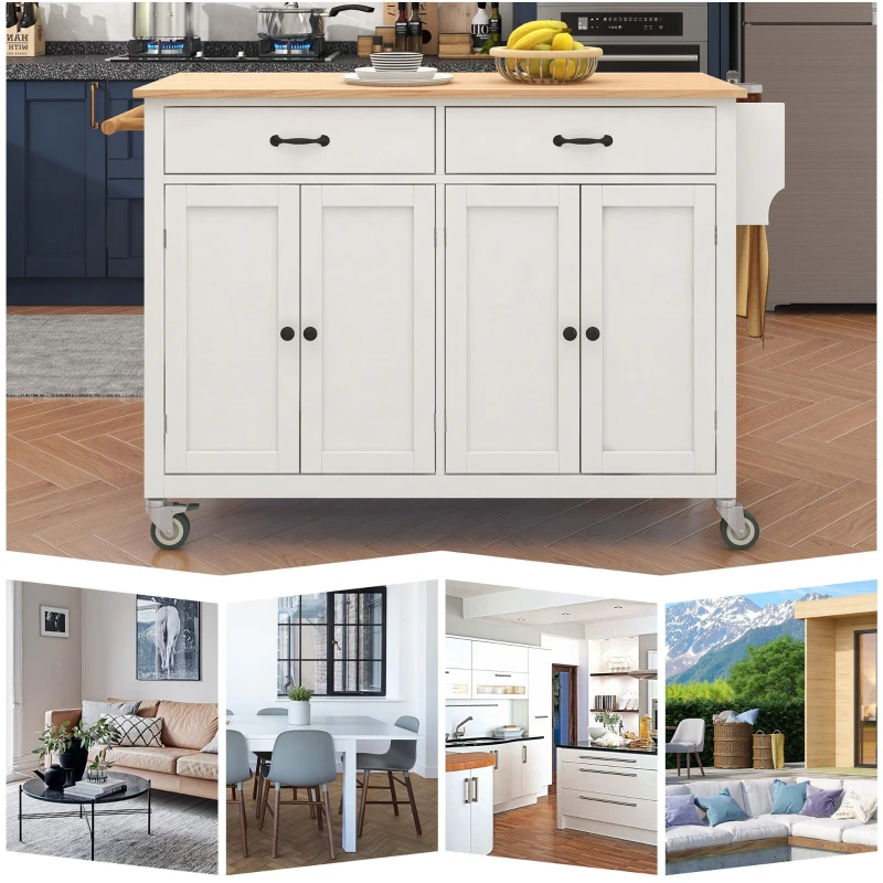 Kitchen Island Cart with 4-Door Cabinet, 2 Drawers, Solid Wood Top, Spice and Towel Racks, Locking Wheels, 54.5" L x 18.5" W x 36" H, White