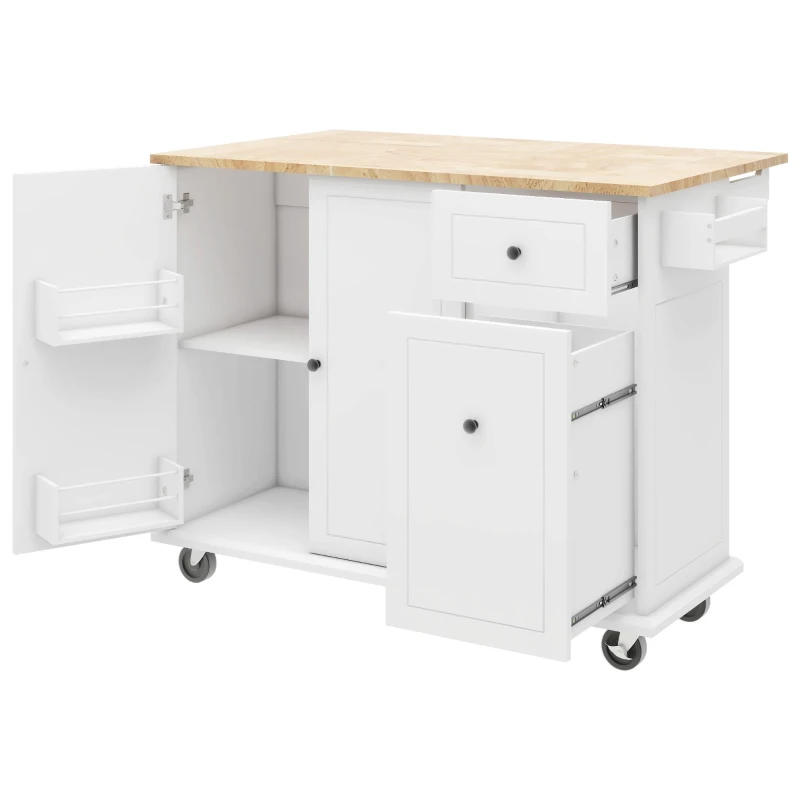 Kitchen Island with 3-Tier Pull-Out Cabinet Organizer, Drop Leaf, Internal Storage Rack, Rolling Cart on Wheels, 54" L x 29" W x 37" H, White