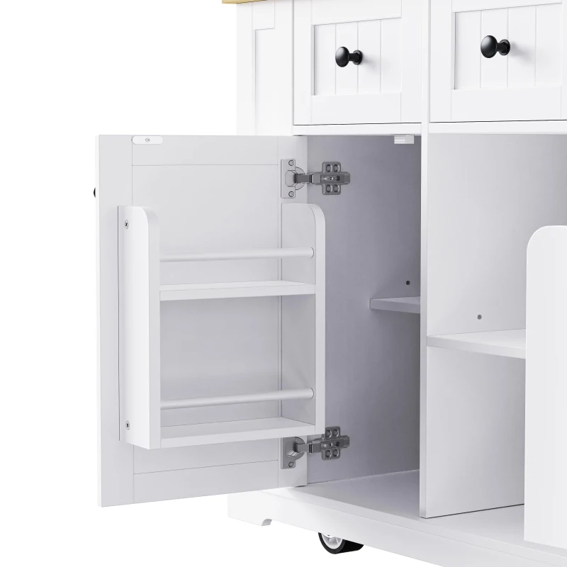 Kitchen Island with Internal Racks, Drop Leaf, Power Outlet, Rolling Cart on 5 Wheels with Adjustable Shelves, 50" L x 29.5" W x 36.5" H, White