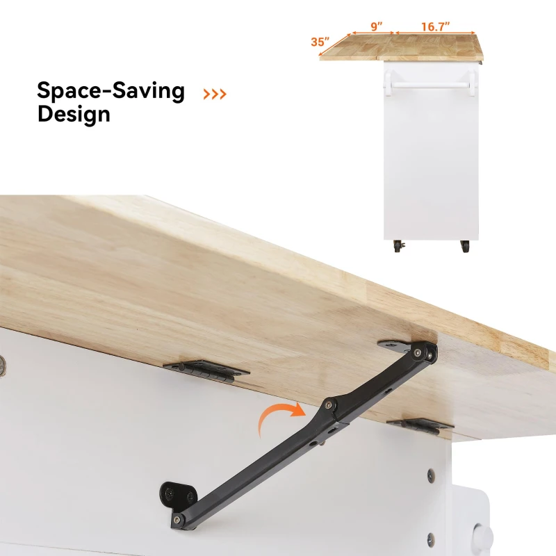 Rolling Kitchen Cart with Rubber Wood Top, Drawer with Dividers, Internal Storage Rack, Adjustable Shelves, 39" L x 26" W x 34" H, White