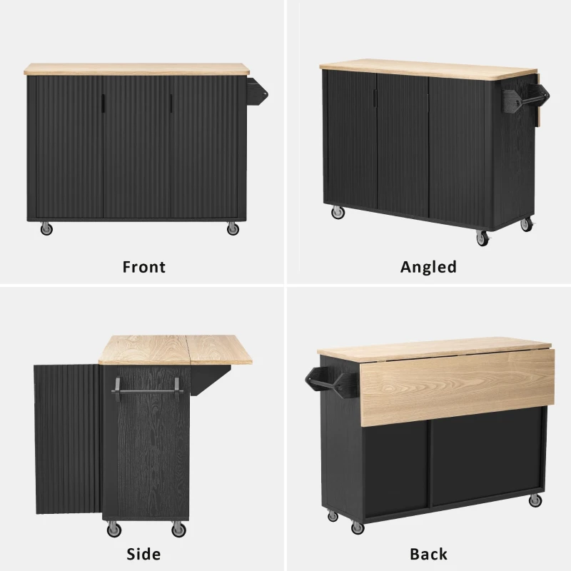 Fluted Kitchen Island with Drop Leaf, Adjustable Shelves, Mobile and Stationary Options, Rolling Cart with Internal Storage, Towel Rack, Black