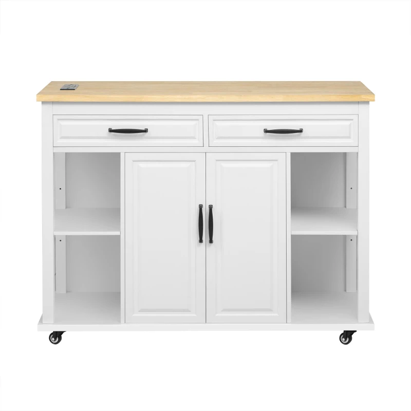 Kitchen Island with Extendable Dining Table, Rubber Wood Veneer, Internal Rack, Power Outlet, 2 Drawers, 2 Cabinets, 47" L x 33.5" W x 37" H, White