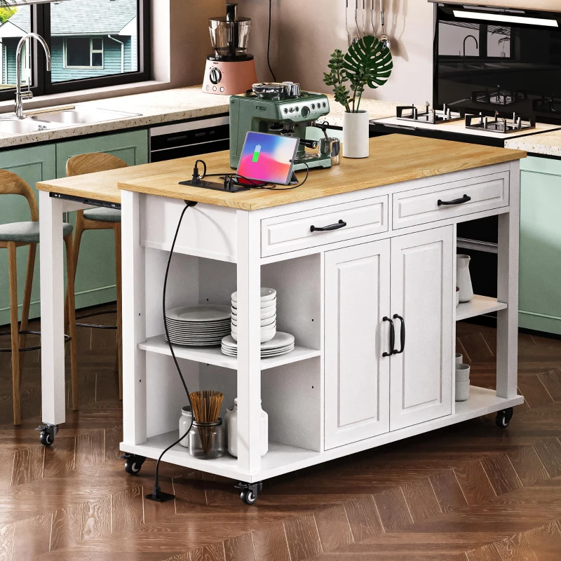 Kitchen Island with Extendable Dining Table, Rubber Wood Veneer, Internal Rack, Power Outlet, 2 Drawers, 2 Cabinets, 47" L x 33.5" W x 37" H, White