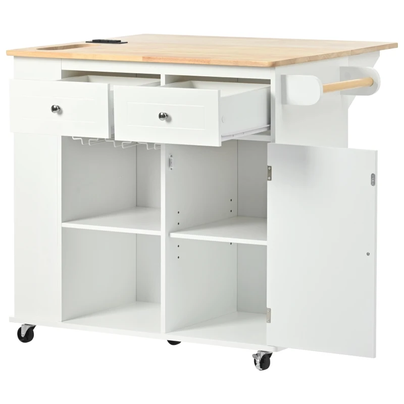 Kitchen Island with Power Outlet, Drop Leaf, Wine Rack, Adjustable Shelves, Utility Cart with Lockable Wheels, 40" L x 29.5" W x 34" H, White