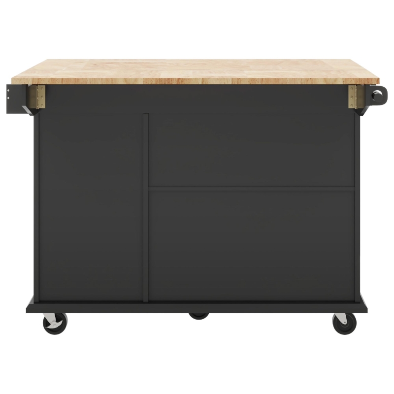 Kitchen Island with 3-Tier Pull-Out Cabinet Organizer, Wood Drop Leaf, Storage Racks, Rolling Cart on Wheels, 54" L x 29" W x 37" H, Black