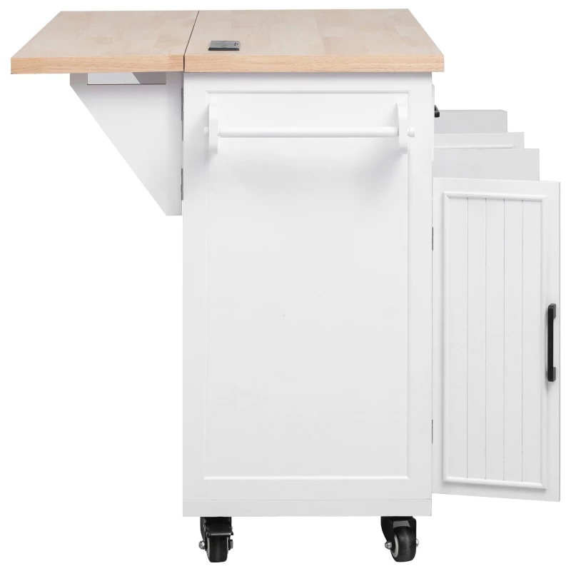 Kitchen Island with Drop Leaf and Power Outlet, Rolling Cart on Wheels, 4 Doors, Adjustable Shelves, Perfect for Kitchen and Dining Room, White