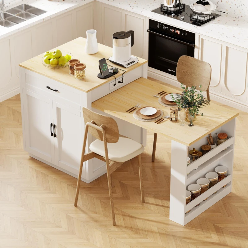 Kitchen Island with Extendable Table, Double-Sided Storage, Power Outlet, Adjustable Shelves, Lockable Wheels, 83" L x 27.5" W x 36" H, White Oak