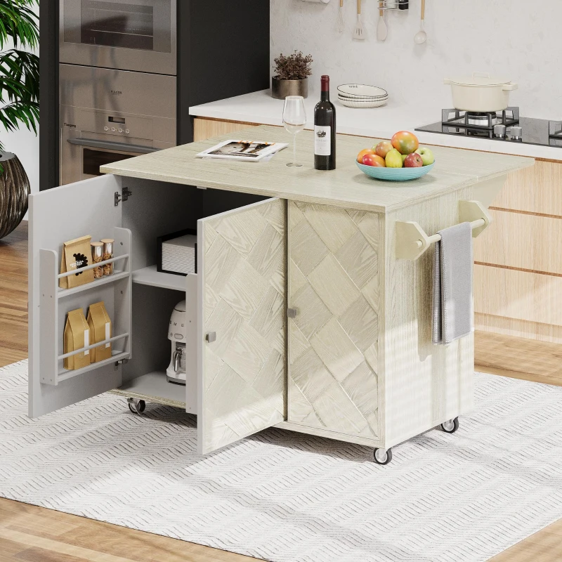 Kitchen Island Cart with Drop Leaf, Handwoven Ash Veneer Doors, Adjustable Shelves, and Lockable Wheels, 51" L x 29.5" W x 36" H, Champagne