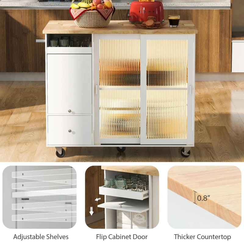 Kitchen Cart with Drop Leaf, LED Light, Sliding Glass Doors, Adjustable Shelf, Central Island with Rolling Wheels, 44" L x 27" W x 37" H, White