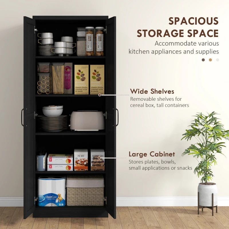HOMCOM 63" Kitchen Storage Cabinet, 5-tier Pantry Cabinet with Doors and Adjustable Shelves for Dining Room, Black