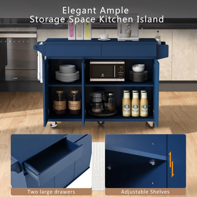 Kitchen Island with Drop Leaf, Rolling Cart with Spice and Towel Rack, 2 Drawers, Adjustable Shelves, 53.5" L x 27.5" W x 36.5" H, Navy Blue