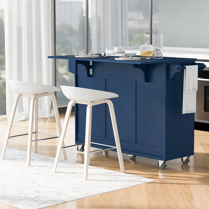 Kitchen Island with Drop Leaf, Rolling Cart with Spice and Towel Rack, 2 Drawers, Adjustable Shelves, 53.5" L x 27.5" W x 36.5" H, Navy Blue
