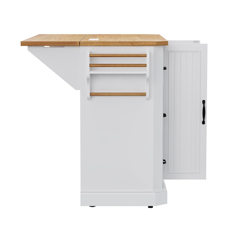 Kitchen Island with Power Outlet and Drop Leaf, 4 Door Shelves, Rolling Cart with Adjustable Shelves, Hidden Wheels, 55.5" L x 30" W x 36" H, White