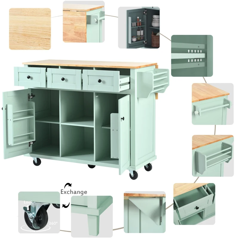 Kitchen Island Cart with 3 Drawers, 5 Wheels, Rubber Wood Drop-Leaf Countertop, Storage Cabinet, 53" L x 29.5" W x 37" H, Mint Green