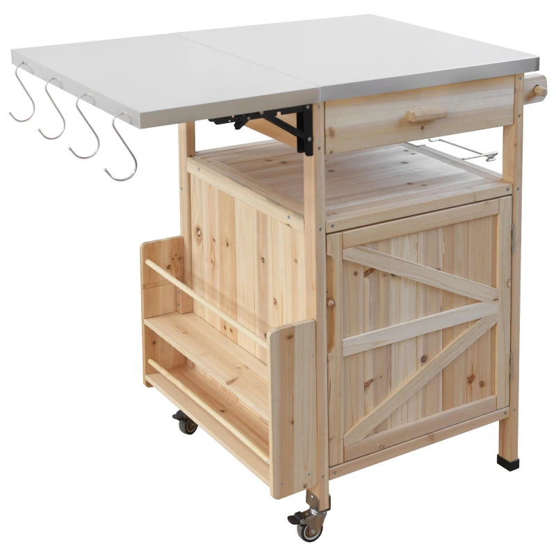 Outdoor Grill Cart with Stainless Steel Top, Storage Cabinet, Drop Leaf, Drawer, Towel Rack, Lockable Wheels, 40.5" L x 21" W x 36.3" H, Natural