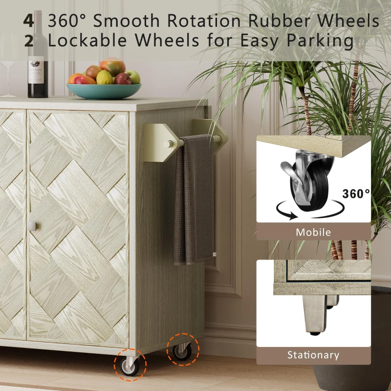 Kitchen Island Cart with Drop Leaf, Handwoven Ash Veneer Doors, Adjustable Shelves, and Lockable Wheels, 51" L x 29.5" W x 36" H, Champagne