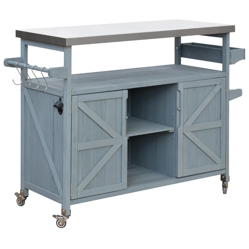 Outdoor Kitchen Island with Spice and Towel Rack, Lockable Wheels, Rolling Bar Cart with Stainless Steel Top, 50" L x 18.5" W x 36.5" H, Slate Blue