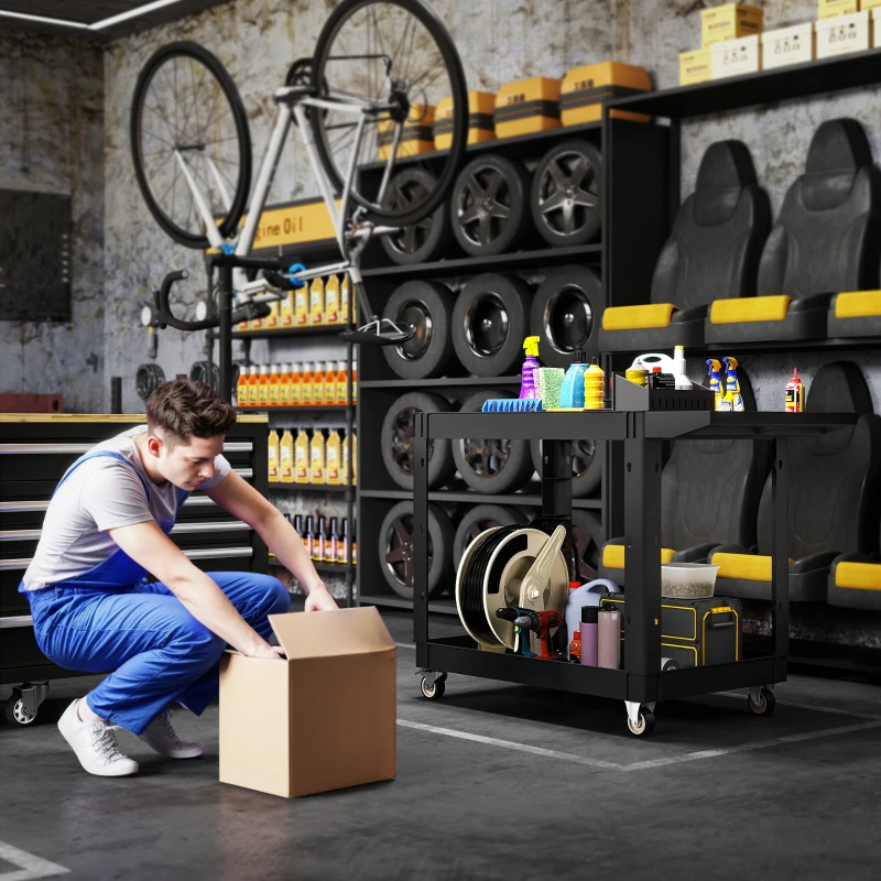 HOMCOM 2-Tier Rolling Tool Cart with Wheels, 500 LBS Capacity Plastic Utility Cart with Handle for Garage, Warehouse, Black